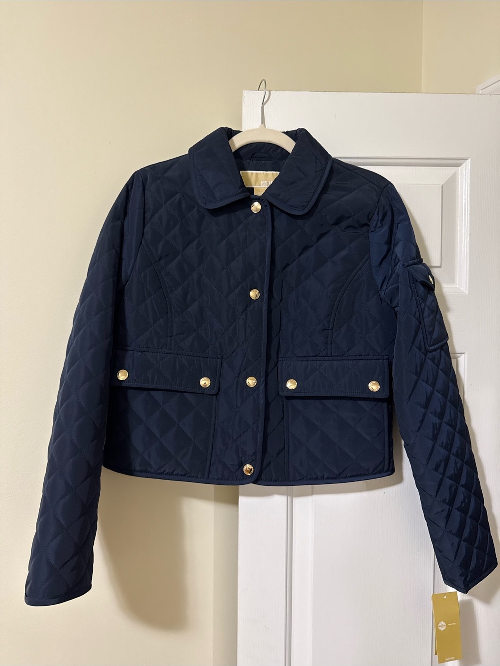 Michael Kors Navy Quilted Cropped Puffer Jacket with Gold Buttons